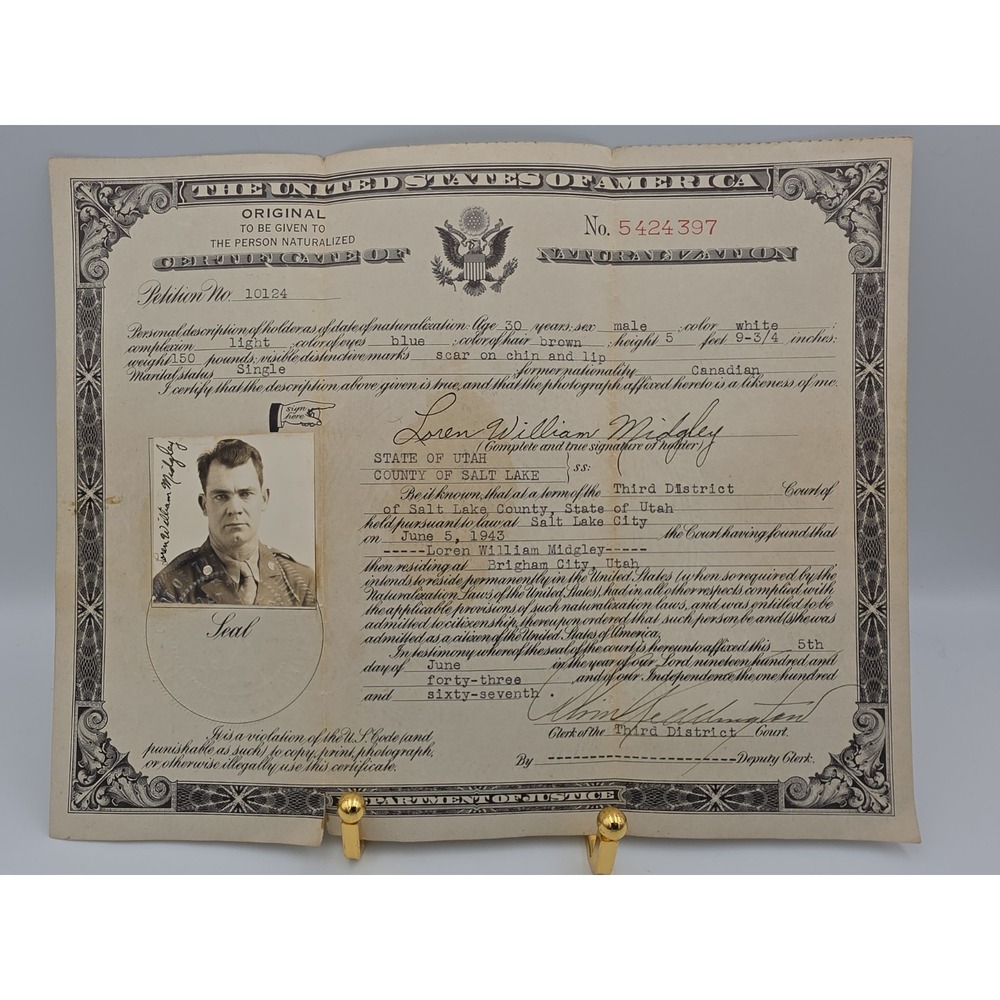 Vtg. 1943 Military Naturalization Citizenship Certificate Canadian/United States
